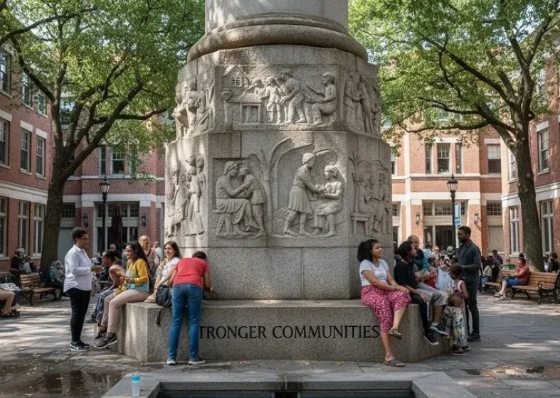 Social gathering near a carved pillar