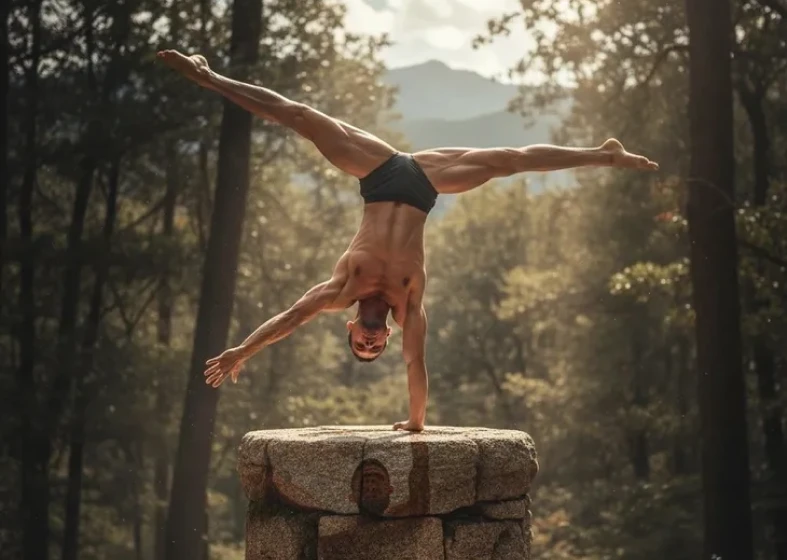 Man doing handstand on stone pedestal