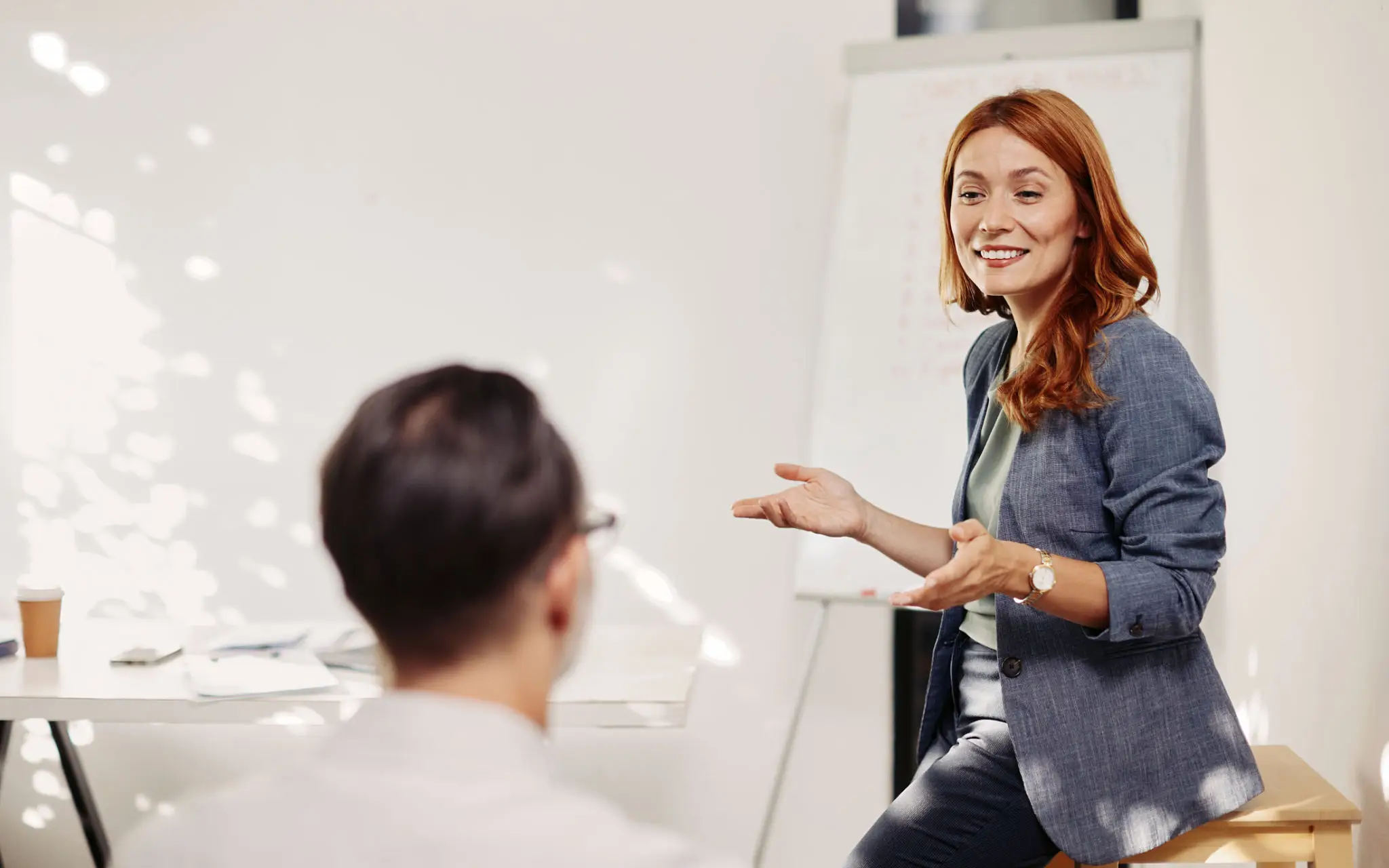 A woman presenting to a seated man in a meeting room.
